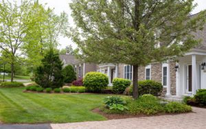 Beautiful stone home with gardens and trees and driveway