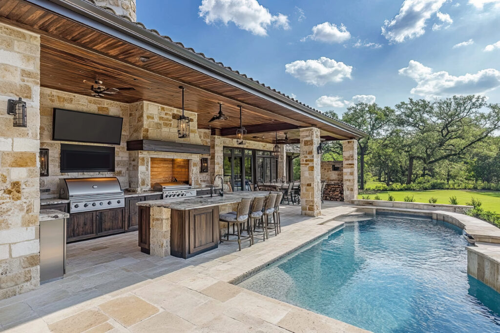 Cozy fall outdoor kitchen with seating and lighting features
