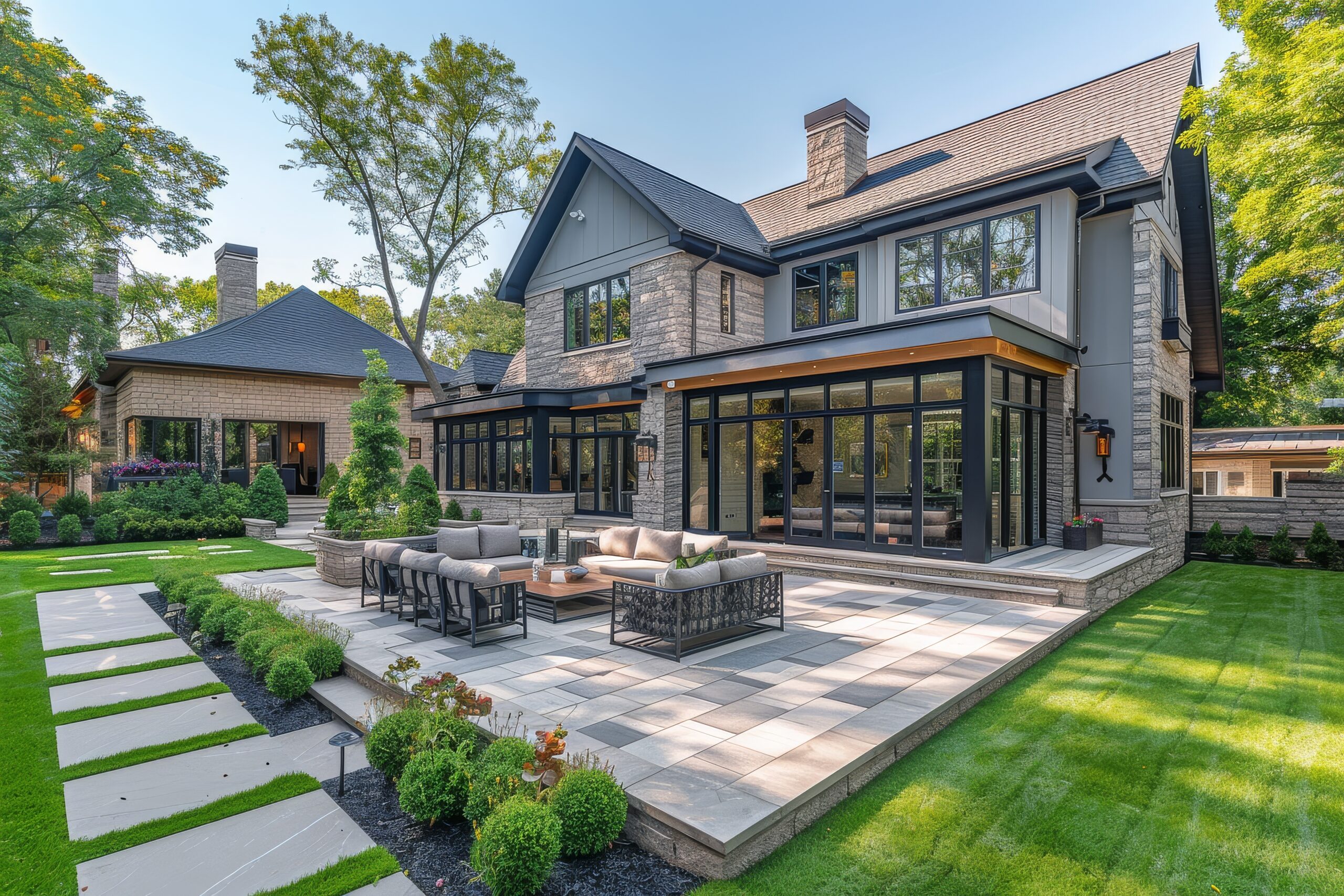 Upscale suburban home with grey walls, large windows, and an elegant backyard patio featuring lush green grass, stone pavers, sitting areas, flower beds, and trees, captured with natural midday light