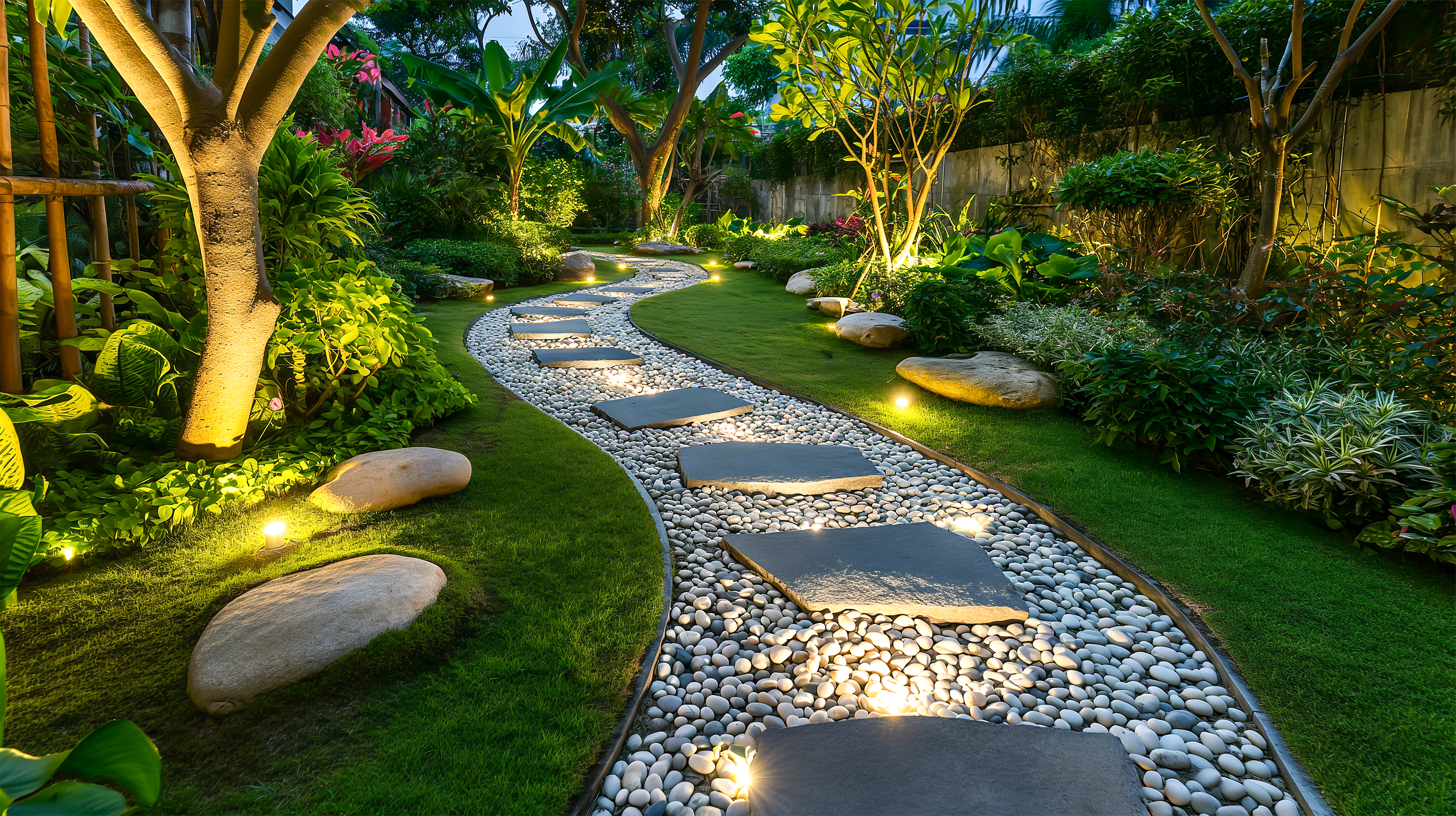 Custom landscape lighting on a North Shore Massachusetts home at dusk