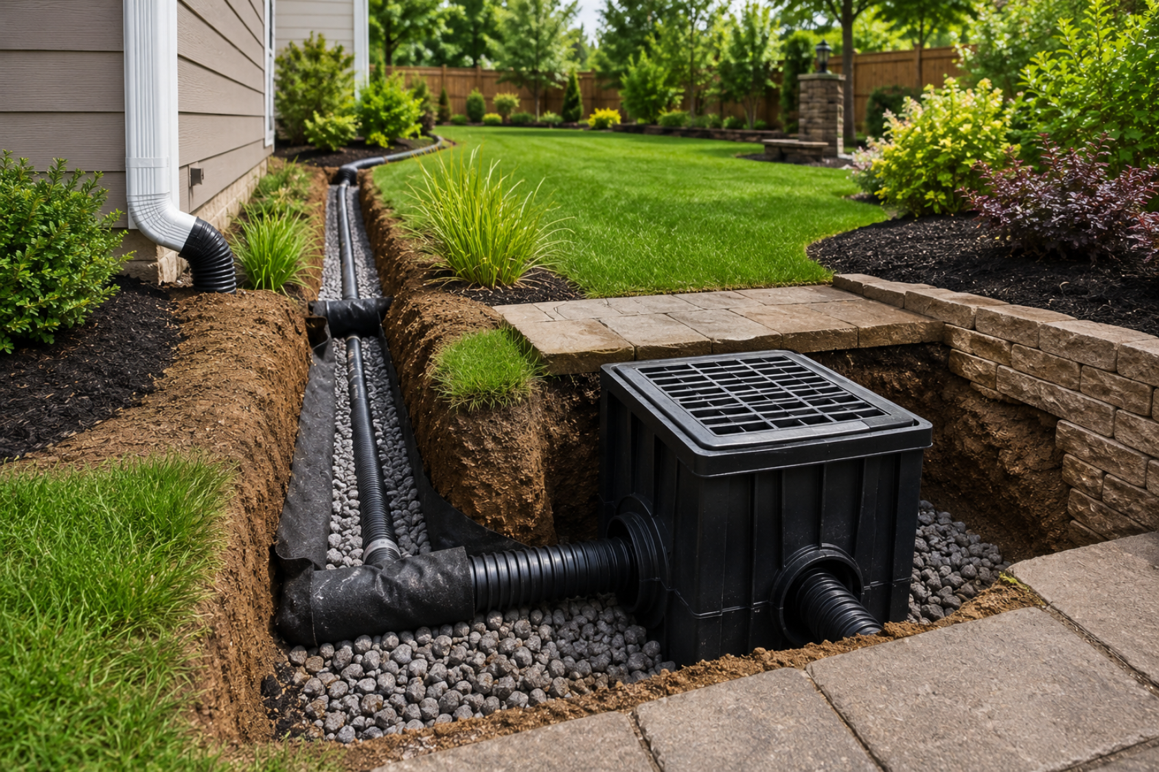 Professional catch basin drainage system installation on a North Shore Massachusetts lawn by Cole Landscaping