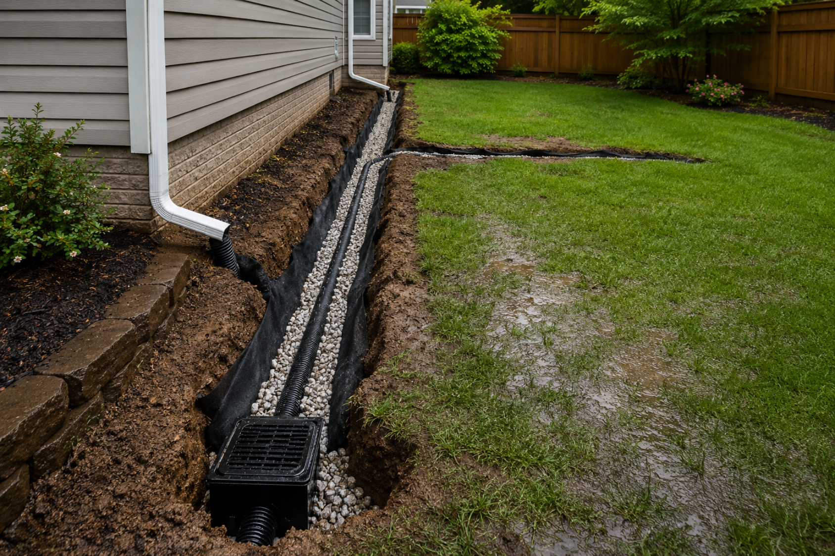 French drain installation in a wet residential backyard on the North Shore of Massachusetts by Cole Landscaping