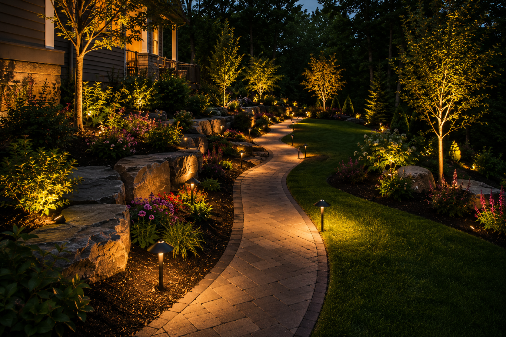 Professional landscape lighting path lights and garden illumination on a North Shore Massachusetts property by Cole Landscaping