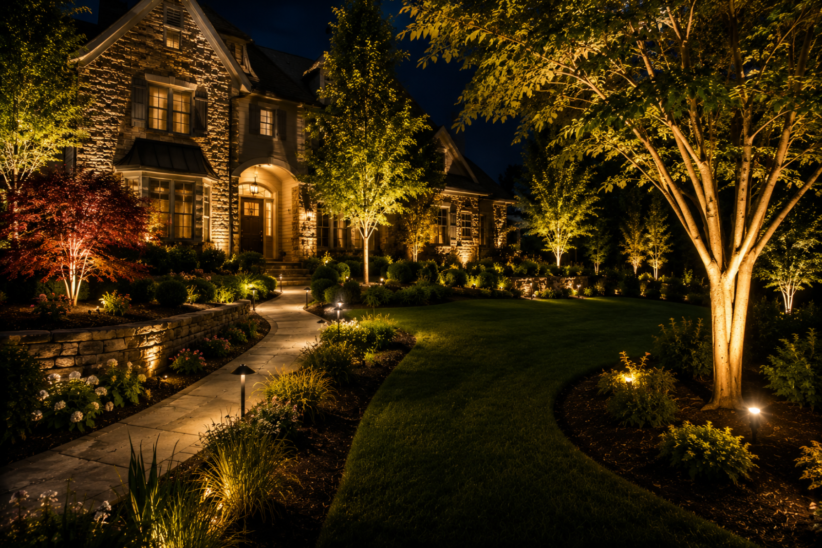 Uplighting trees and architectural facade landscape lighting on a North Shore Massachusetts property by Cole Landscaping