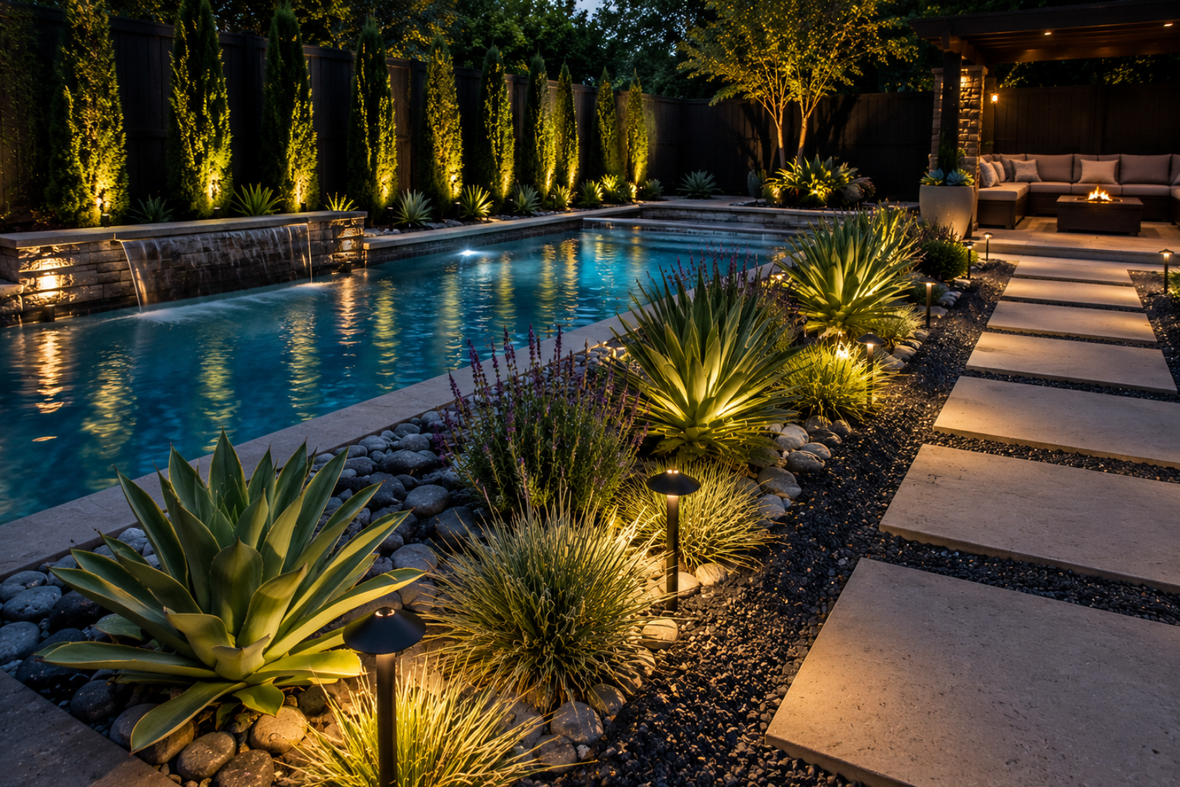 Low maintenance poolside planting design and landscape around a pool on the North Shore of Massachusetts by Cole Landscaping