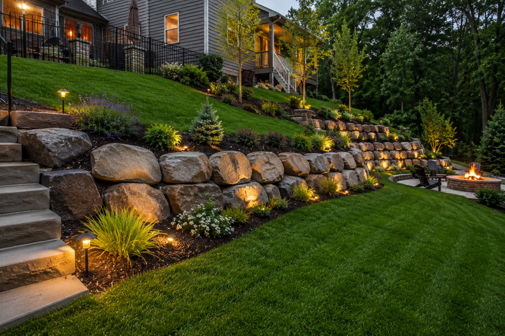 Boulder retaining wall on a sloped backyard on the North Shore of Massachusetts by Cole Landscaping