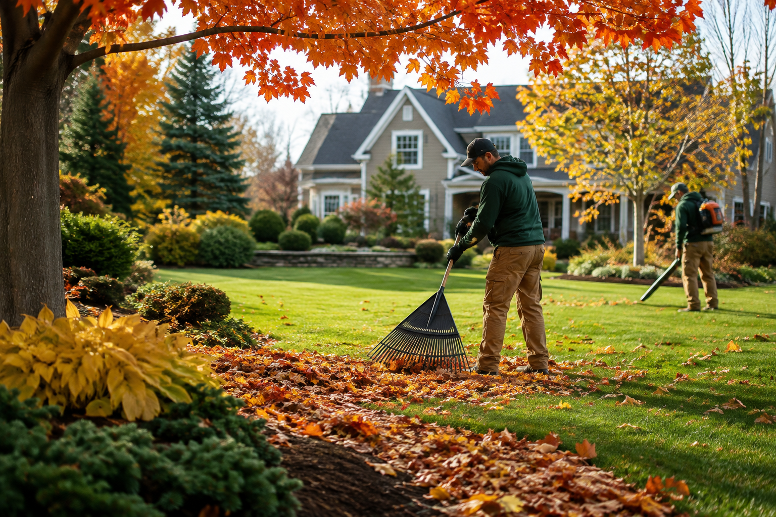 Cole Landscaping crew performing fall cleanup on a residential lawn with colored leaves on the North Shore of Massachusetts