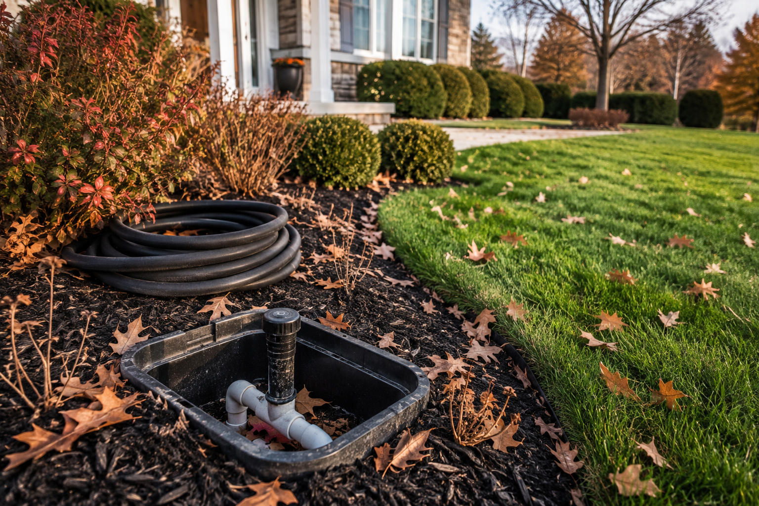 Late fall property with irrigation system shut down and prepared for winter by Cole Landscaping on the North Shore of Massachusetts
