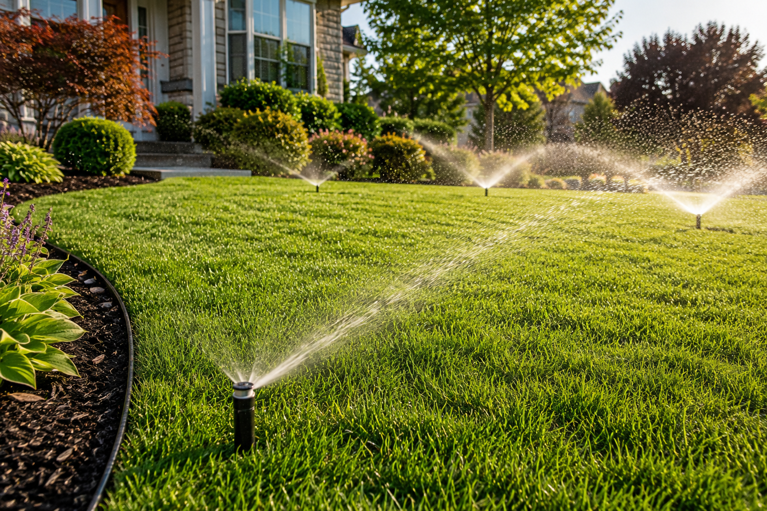Healthy irrigated lawn after Cole Landscaping sprinkler repair on a North Shore Massachusetts property