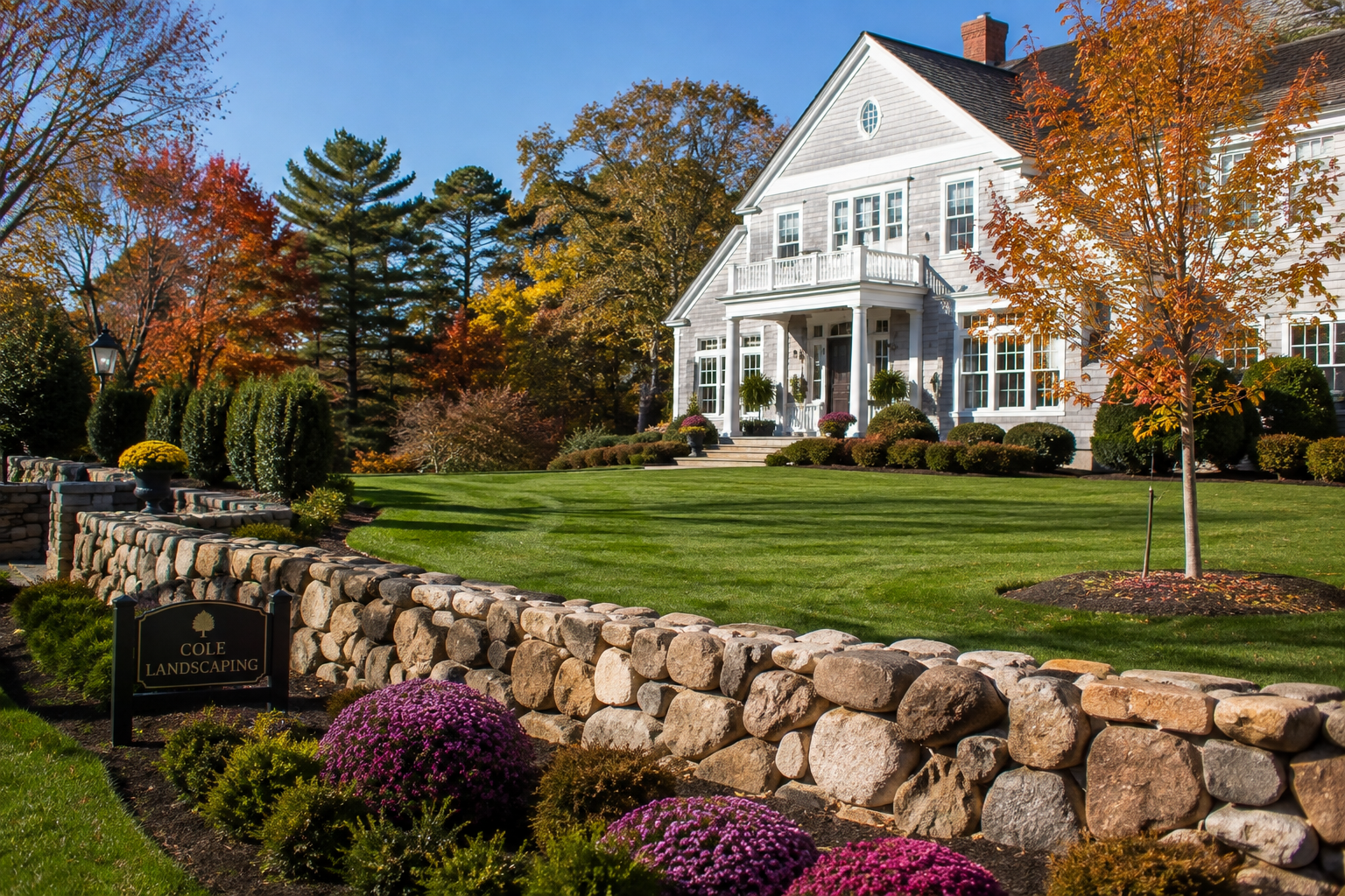 Classic New England Ipswich residential landscape by Cole Landscaping on the North Shore of Massachusetts