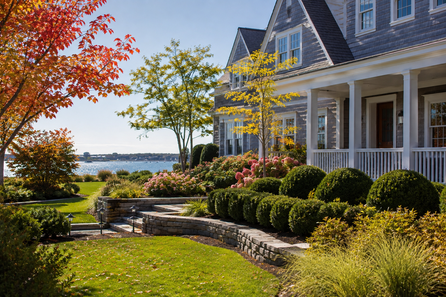 Historic New England Newburyport residential landscape by Cole Landscaping on the North Shore of Massachusetts