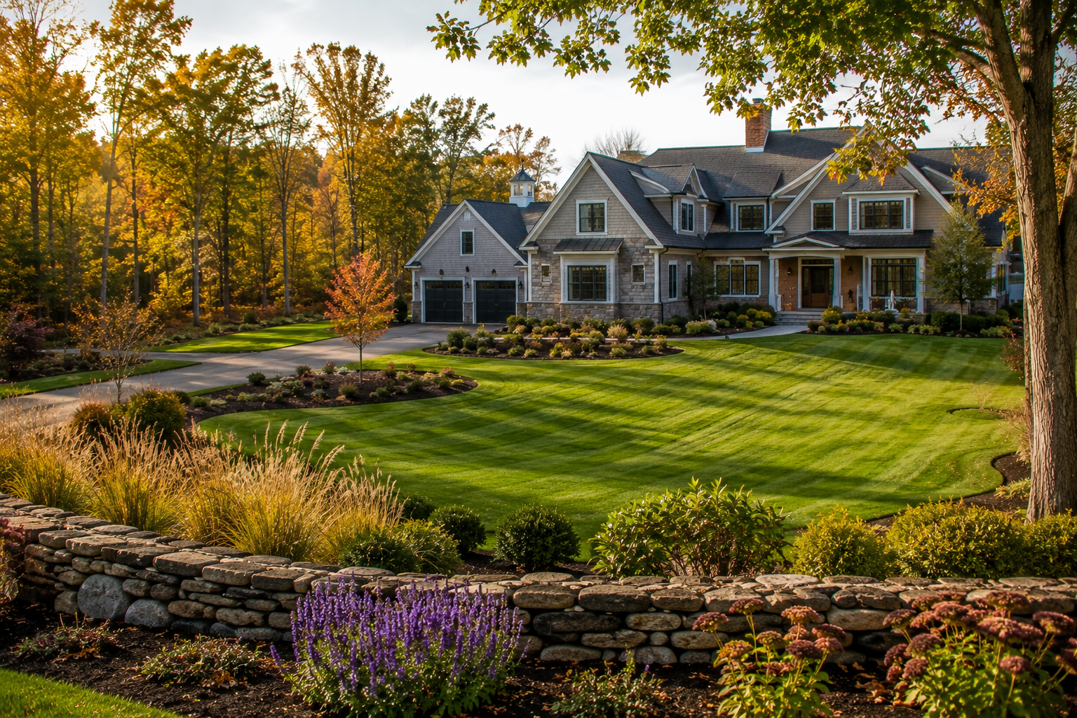 Larger-lot semi-rural New England property landscape in Rowley by Cole Landscaping on the North Shore of Massachusetts