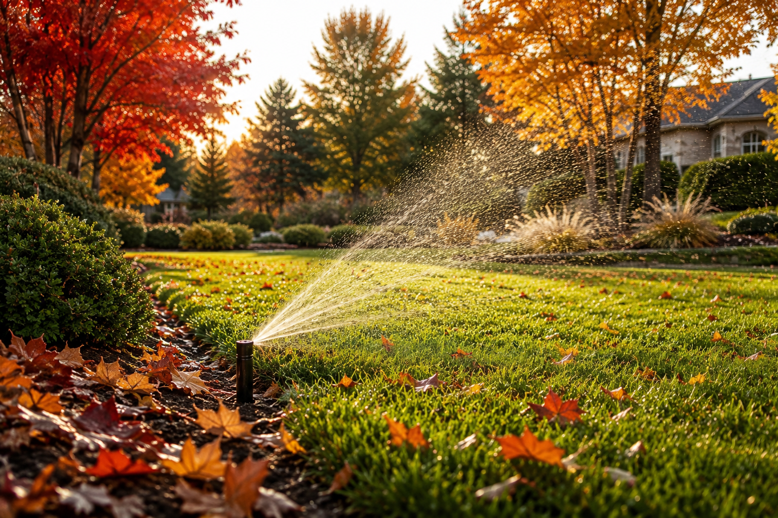 Sprinkler system running one final cycle over fall foliage before winterization by Cole Landscaping on the North Shore of Massachusetts