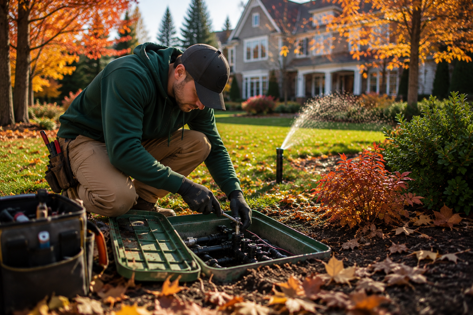 Cole Landscaping technician performing sprinkler head, valve box, and controller repair on a North Shore Massachusetts irrigation system
