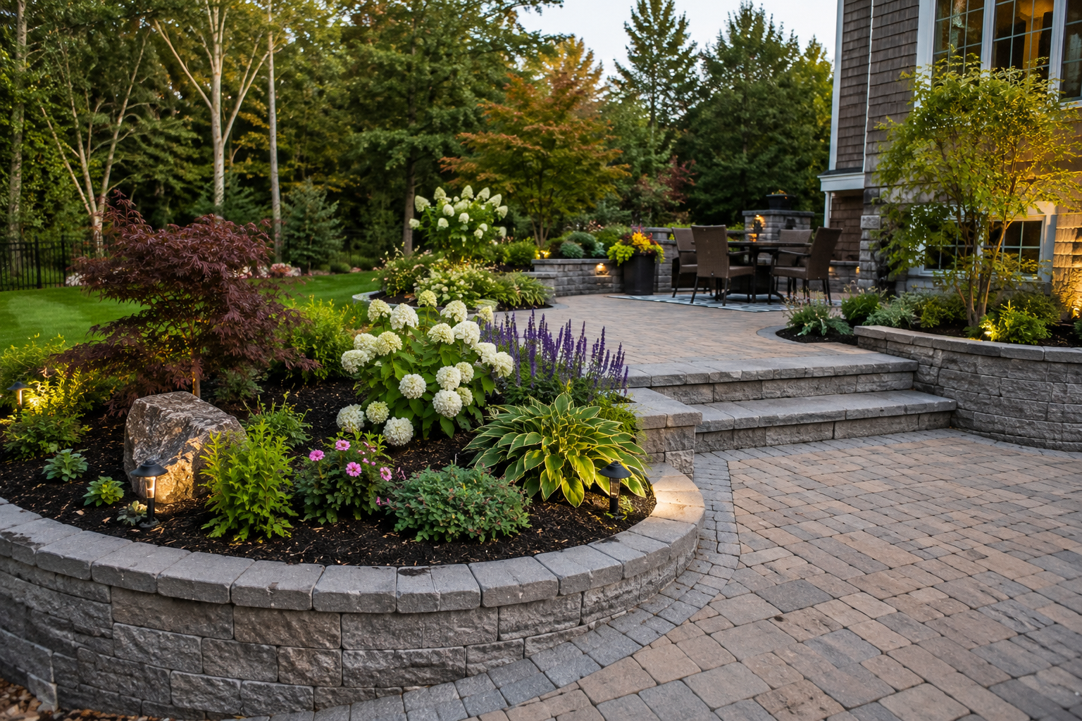 Hardscape patio and garden bed project on an Ipswich residential property by Cole Landscaping on the North Shore of Massachusetts
