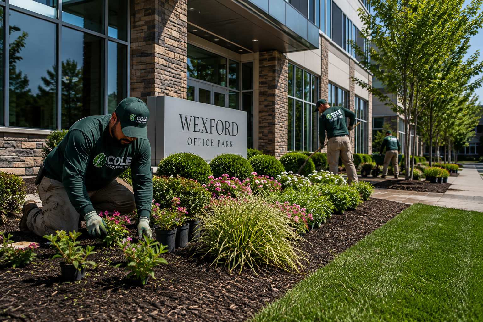 Cole Landscaping crew maintaining commercial office park grounds on the North Shore of Massachusetts