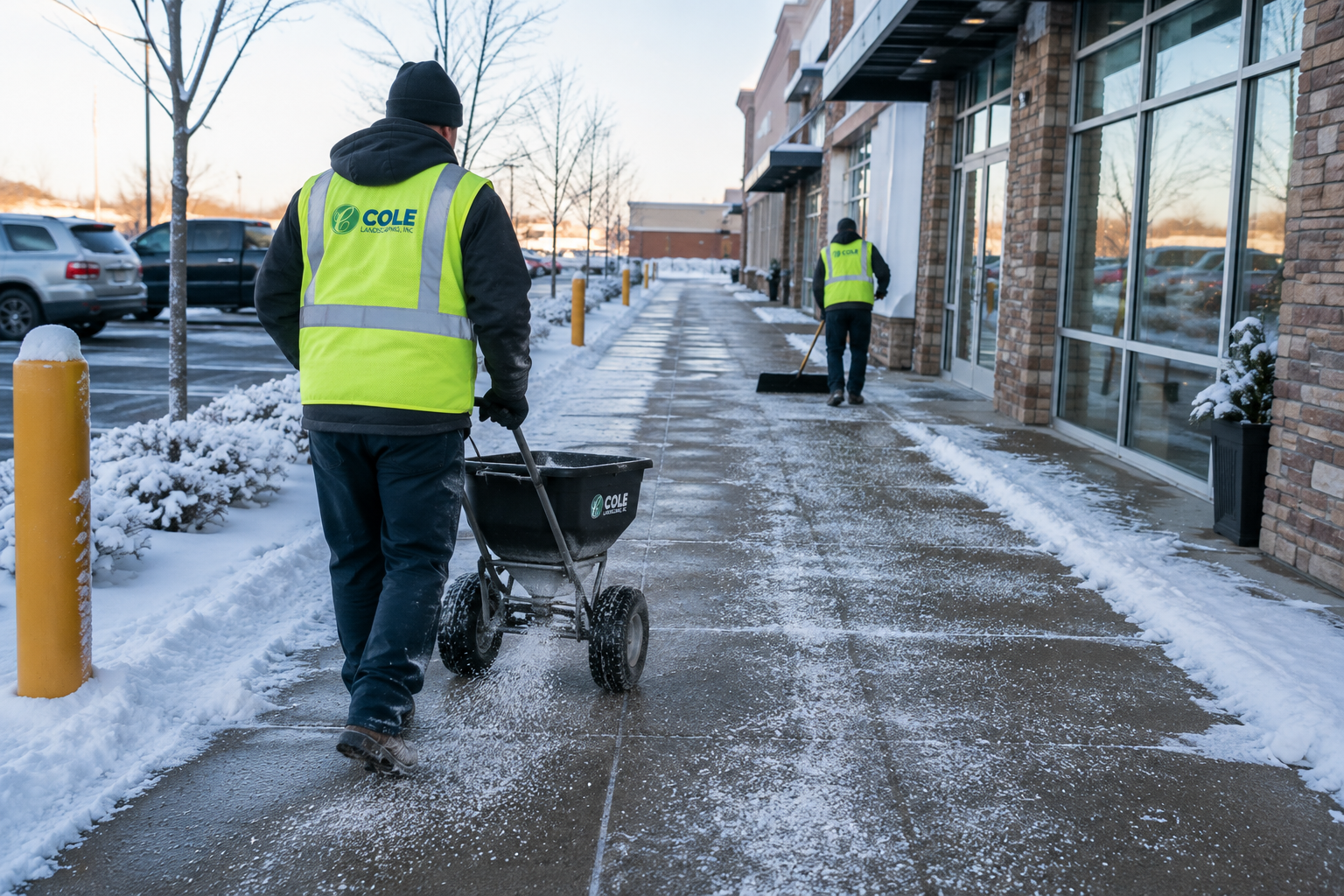 Cole Landscaping crew salting and de-icing a commercial walkway on the North Shore of Massachusetts