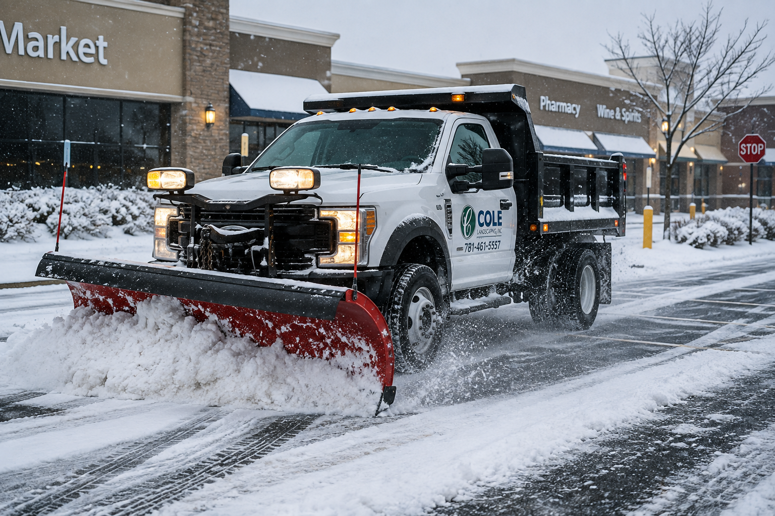 Cole Landscaping commercial plow truck clearing a snowy business parking lot on the North Shore of Massachusetts