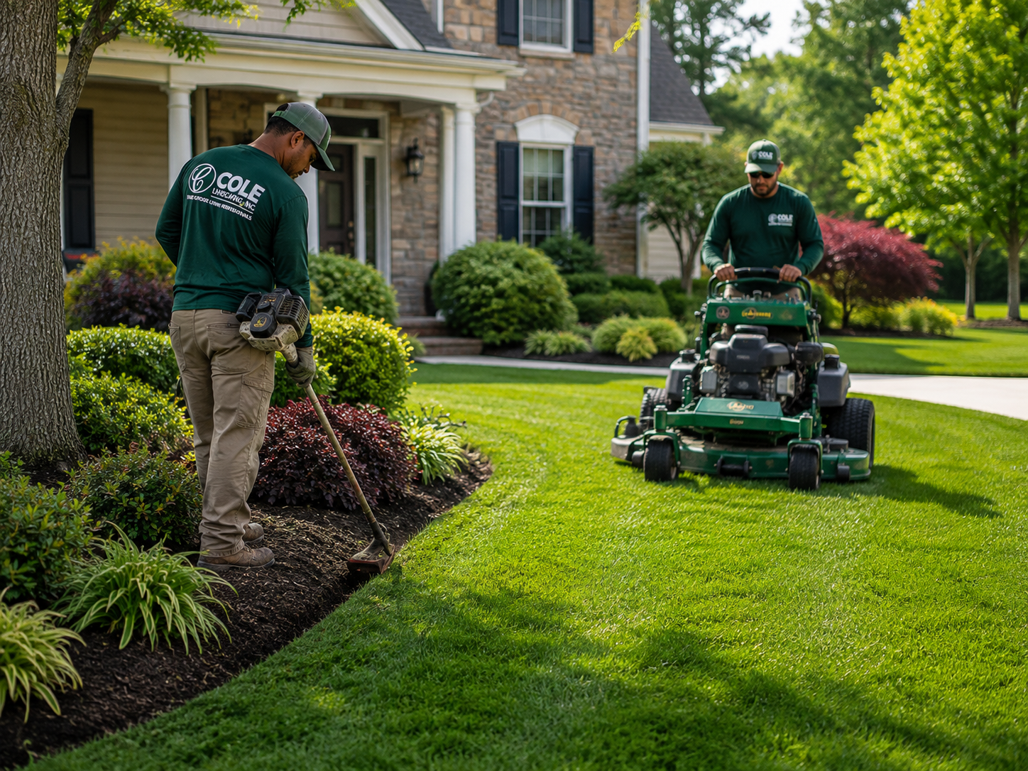 Cole Landscaping crew mowing and edging beds on a North Shore Massachusetts residential property