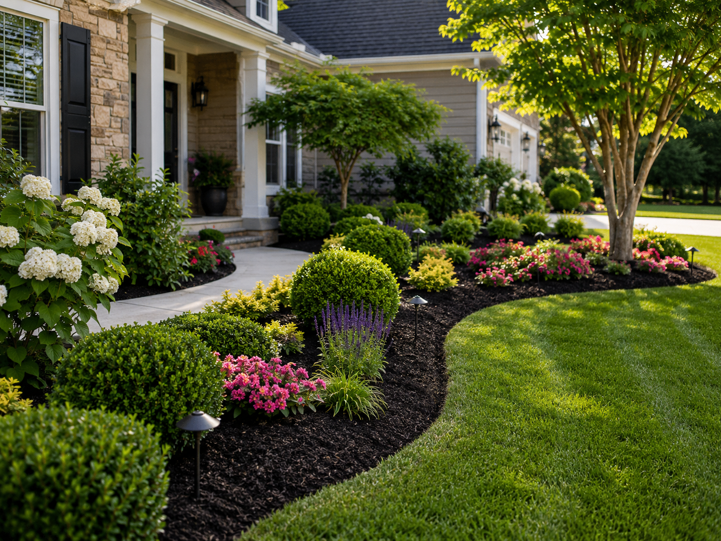 Manicured landscape beds with fresh mulch and seasonal color maintained by Cole Landscaping on the North Shore of Massachusetts
