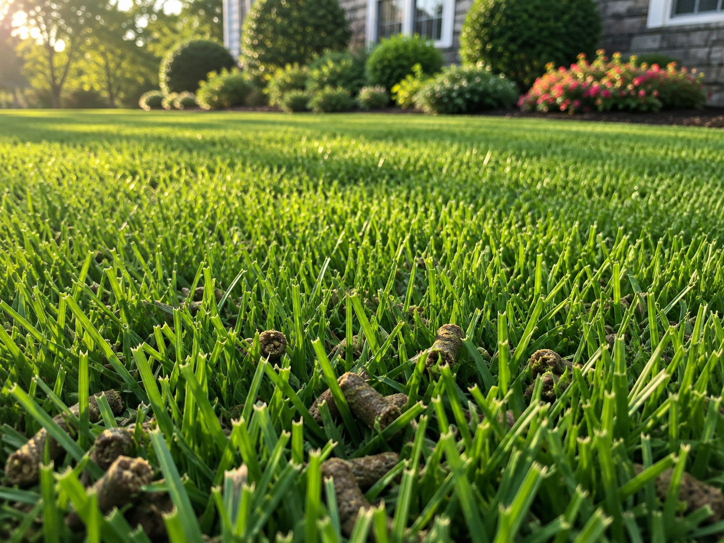 Close-up of thick, healthy, weed-free turf maintained by Cole Landscaping on a North Shore Massachusetts lawn