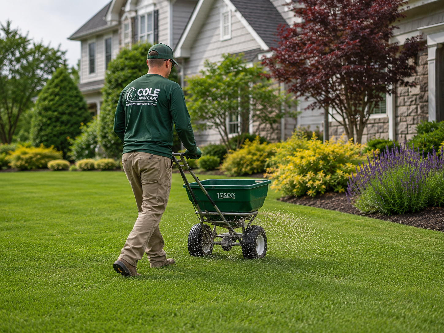 Cole Landscaping technician applying lawn fertilizer with a broadcast spreader on a healthy North Shore Massachusetts lawn