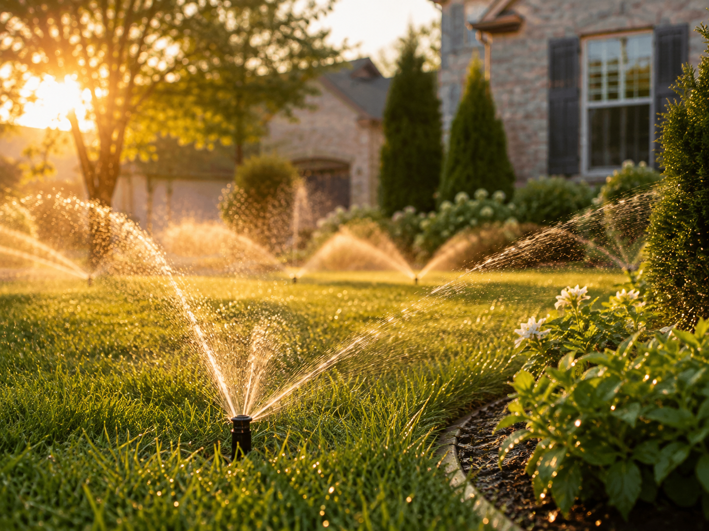 Newly installed automatic sprinklers watering a healthy residential lawn on a North Shore Massachusetts property