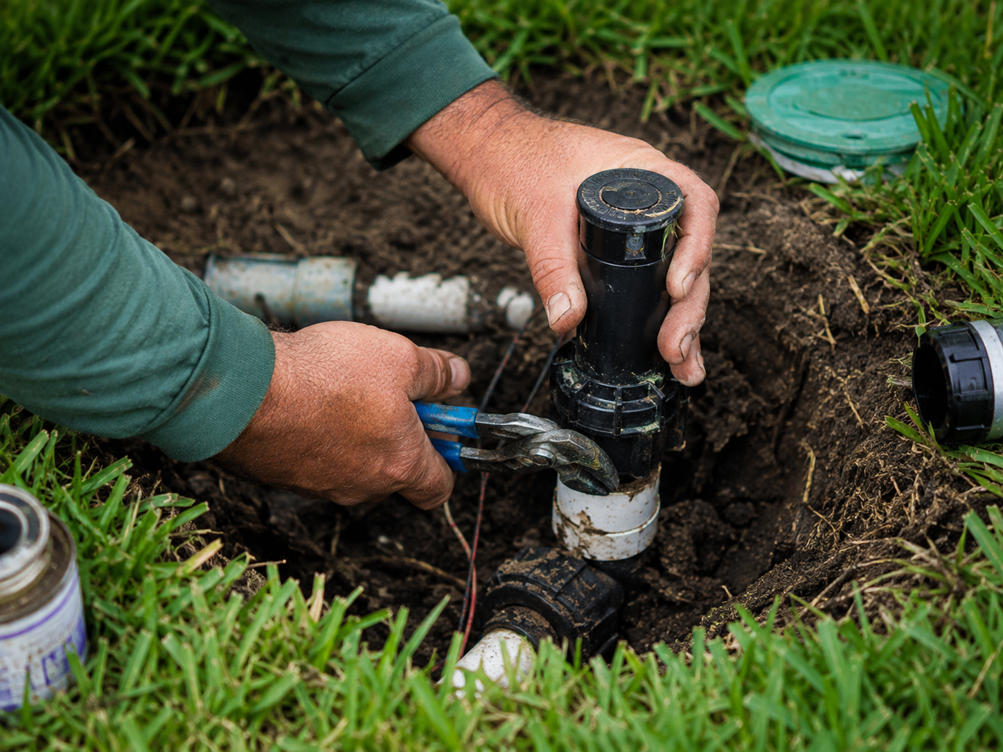 Cole Landscaping technician upgrading an irrigation valve and sensor setup on a North Shore Massachusetts property