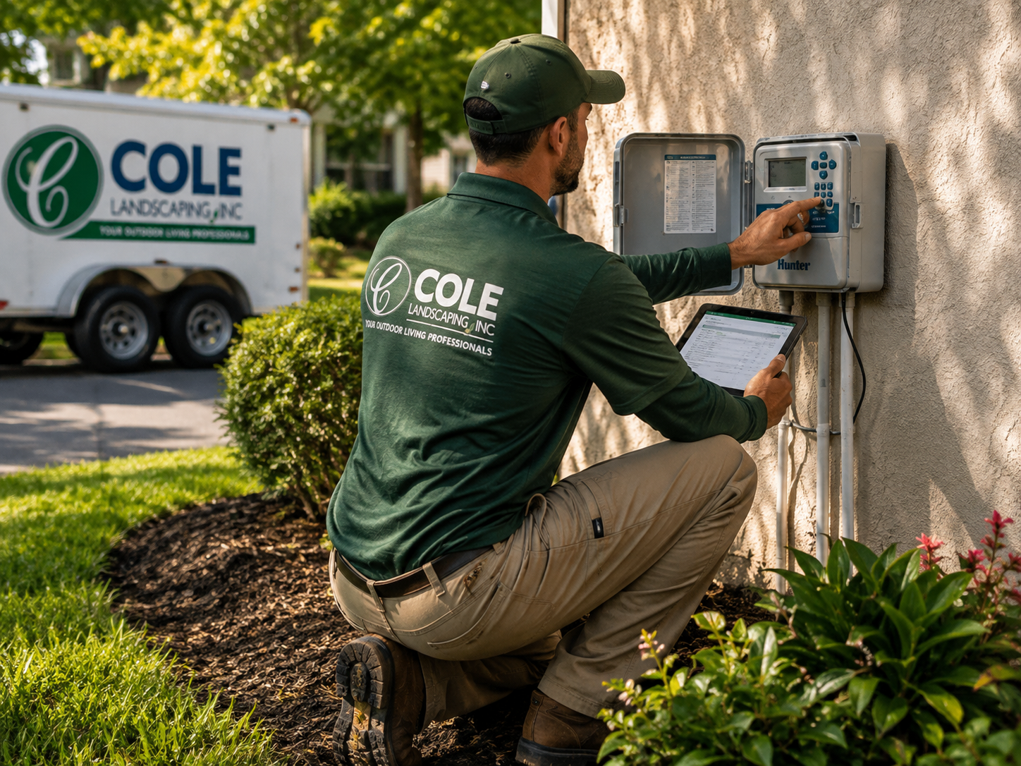 Cole Landscaping technician programming a smart WiFi irrigation controller on a North Shore Massachusetts property